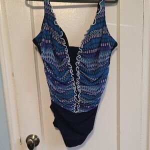 Gottex Blue and Purple One Piece Swimsuit with Plunging V-Neckline